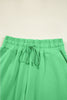 Bright Green Drop Shoulder Puff Sleeve Crop Pullover Drawstring Wide Leg Pants Set