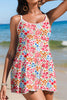 Red Floral Print Ricrac Trim Spaghetti Strap One Piece Swim Dress