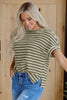 Green Stripe Textured Side Slits Crew Neck T Shirt