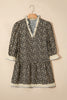 Black Leopard Print Striped Color Block Trim V Neck Bracelet Sleeve Mini Dress