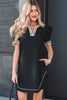 Black Leopard Trim Notched Neck Short Puff Sleeve Shift Mini Dress