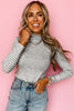 Gray Stripe Ribbed High Neck Slim Fit Long Sleeve Top