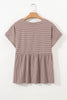 Khaki Stripe Buttoned V Neck High Low Side Slit T Shirt