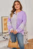 Purple Stripe Patchwork Buttoned Drop Shoulder Plus Size Pullover