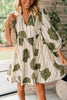 Guacamole Green Floral Striped Print Contrast Piping Puff Sleeve Dress