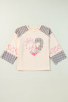 Beige Plaid Floral Peace Heart Graphic Wide Long Sleeve Top