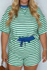 Green Stripe Boxy Tee Drawstring Elastic Waist Plus Size Short Set