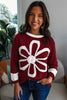 Red Dahlia Cheerful Daisy Flower Patched Round Neck Long Sleeve Top
