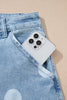 Sky Blue Polka Dot Ankle-Length Metal Button Casual Jeans