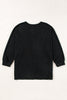 Black Waffle Knit Side Slits Loose Fit V Neck Top