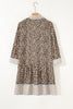 Khaki Plus Size Leopard Print Striped Trim V Neck Drop Waist Long Sleeve Mini Dress