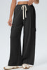 Black Solid Color Drawstring Elastic Waist Cargo Patch Pocket Active Pants
