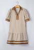 Brown Stripe Shirt Collar Color Block Patchwork Trim Ruffle Hem Short Dress
