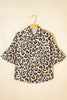Khaki Leopard Print Ruffle Trim 3/4 Sleeve Loose Shirt