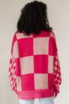 Rose Red Mixed Checkered Pattern Drop Shoulder Loose Sweater