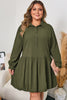 Four Leaf Clover Plus Size Collar Half Button Long Sleeve Ruffle Hem Mini Dress
