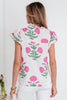 Pink Wild Flower Print Contrast Trim Scallop Detail Short Sleeve Blouse