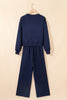 Dirty blue Varsity Striped Detail Crewneck Pullover Elastic Sweatpants 2pcs Outfit