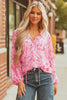 Pink Floral Puff Sleeve Split Neck Lightweight Blouse