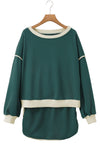 Evergreen Color Contrast Loose Pullover and Lace-up Waist Skirt Set