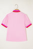 Pink Contrast Striped V Neck Collision Short Puff Sleeve Blouse
