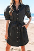 Black Button Up Tie Waist Puff Sleeve Mini Dress