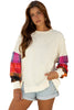 Beige Contrast Plaid Long Sleeve Exposed Seam Patchwork Top