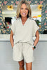 Khaki Stripe Dolman Sleeve Polo Shirt and Drawstring Shorts Set