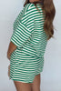 Green Stripe Boxy Tee Drawstring Elastic Waist Plus Size Short Set