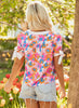 White Floral Colorblock Striped Edge V Neck Knotted Short Sleeve Blouse