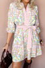Pink Boho Floral Print Color Block Trim Half Button Belted Mini Dress