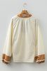 Black Color Block Patchwork Detail V Neck Textured Long Sleeve Blouse