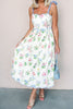 Pink Floral Print Contrast Trim Self-tie Straps High Waist Midi Dress