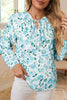 Sky Blue Floral Print Frilled Trim Tie Neck Elastic Cuffs Long Sleeve Blouse