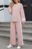 Chestnut Varsity Stripe Patchwork Puff Sleeve Pullover Drawstring Wide Leg Pant Set