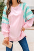 Bonbon Striped Colorblock Patchwork Raglan Pullover Top with Slits