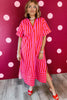 Red Stripe V Neck Cuffed Sleeve Relaxed Split Midi Dress