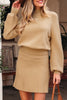 Smoke Gray High Neck Puff Sleeve Sweater Pleated Mini Skirt 2pcs Knitted Outfit