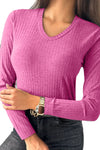 Strawberry Pink Ribbed Knit V Neck Long Sleeve Slim Fit Top