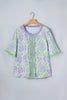 Sky Blue Floral Print Ruffled Color Block Trim Half Sleeve Blouse