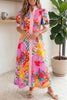 Pink Floral Print Striped Trim Button Down Short Sleeve Vacation Dress