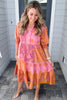 Pink Boho Paisley Floral Mixed Patchwork Tassel Tie Plus Size Midi Dress