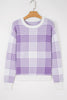 Lilac Plaid Print Ribbed Trim Loose Sweater
