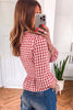 Green 3/4 Sleeve Shirred Plaid Peplum Top