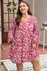 Purple Plus Floral Balloon Sleeve V Neck Relaxed Dress