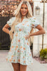 Beige Floral Print Shirred High Waist Puff Sleeve Mini Dress