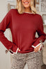 Racing Red Leopard Bow Decor Split Cuff Contrast Trim Sweater