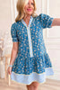 Blue Striped Trim Half Buttons Short Sleeve Floral Dress