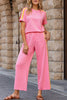 Bonbon Color Contrast Crewneck T Shirt and Wide Leg High Waist Pants Set