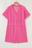 Bright Pink Spiral Ribbed Short Sleeve V Neck Buttoned Romper with Pocket